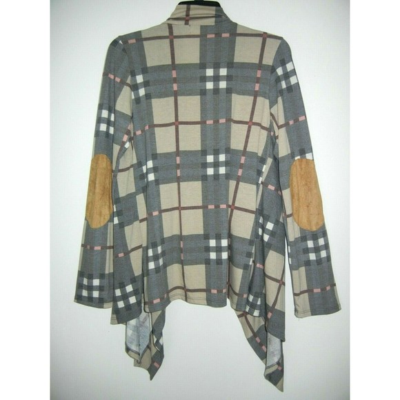 Saved By The Dress Women's Open Front Cardigan Gray Brown Plaid Patched Elbow L - Picture 1 of 5